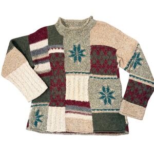 American Eagle Patchwork Handknit Sweater SML Chunky Wool Blend Cabin Pullover‎